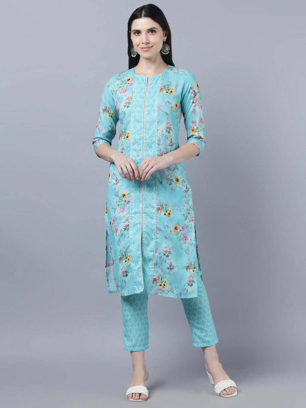 Myshka Women Blue Yellow Printed Kurta with Trousers | Grocsy