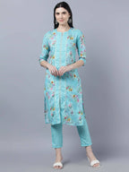 Myshka Women Blue Yellow Printed Kurta with Trousers | Grocsy