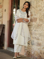 Juniper Women's White Chinnon Solid Embroidered Kurta Set | Grocsy