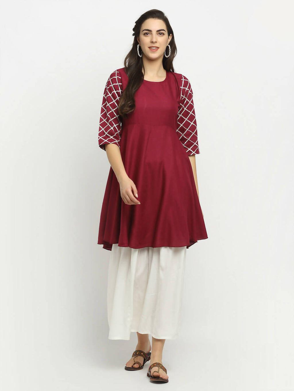 Rudra Bazaar Wine Lace Work Flared Kurti with Sharara | Grocsy