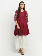 Rudra Bazaar Wine Lace Work Flared Kurti with Sharara | Grocsy