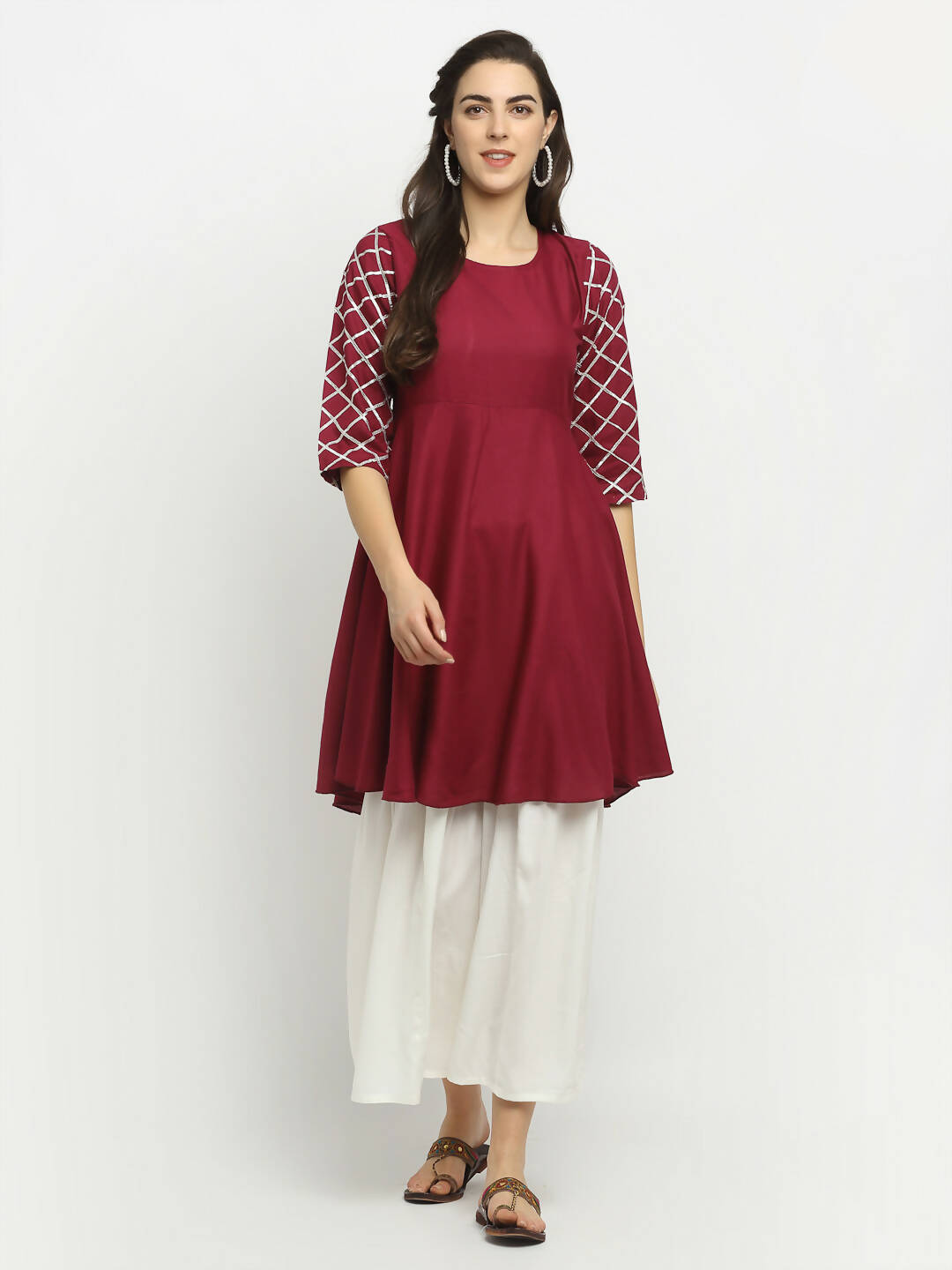 Rudra Bazaar Wine Lace Work Flared Kurti with Sharara | Grocsy