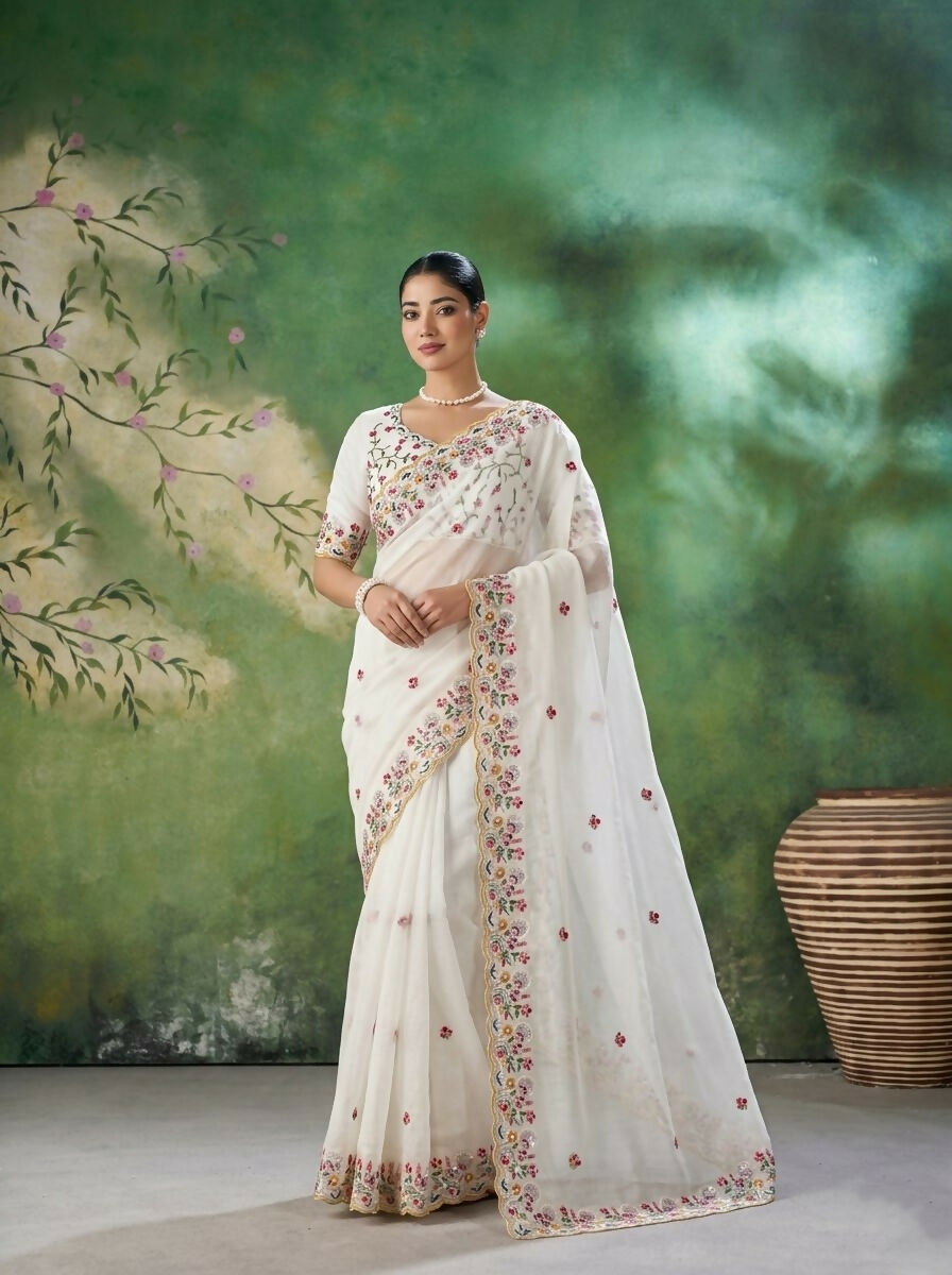 Teeya Creation Womens New Trendy Party Wear Soft Crush Silk Saree-White | Grocsy