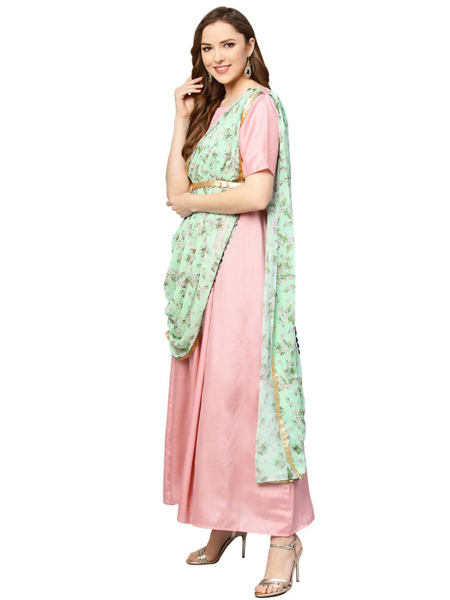 Ahalyaa Pink & Green Solid Maxi Dress with Attached Dupatta | Grocsy
