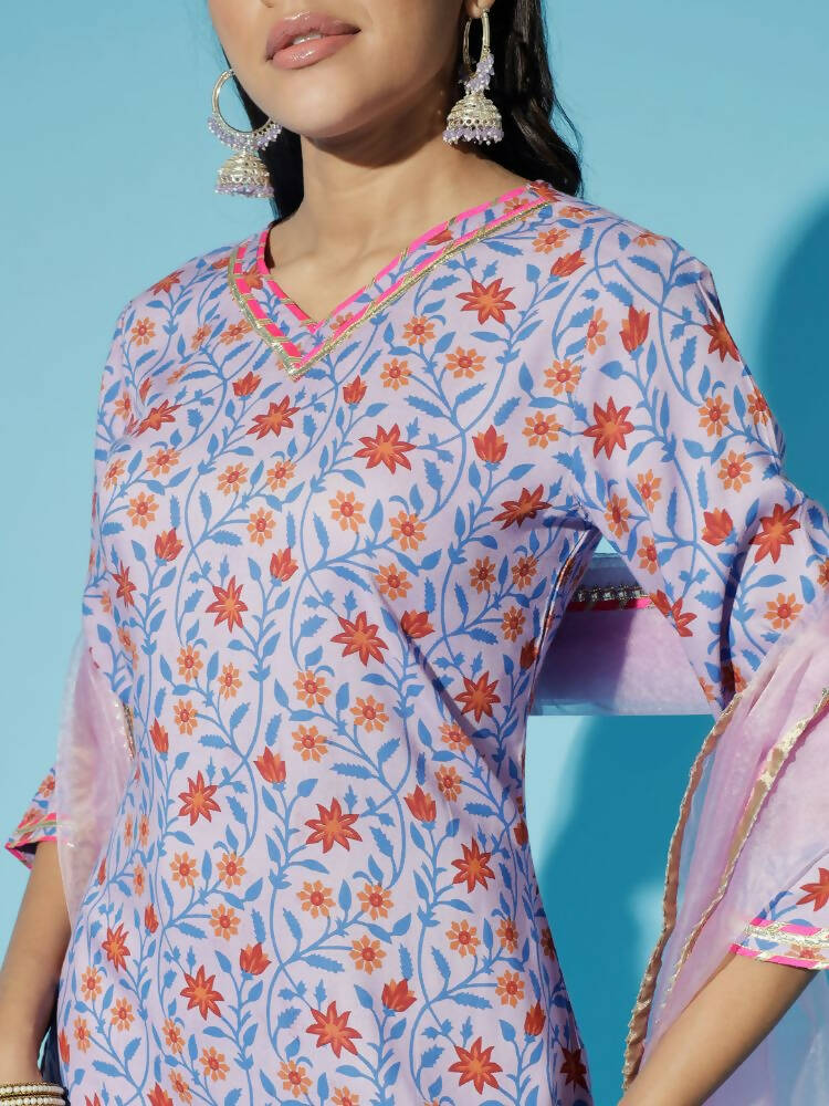 Myshka Women Lavender Printed Kurta & Trousers With Dupatta | Grocsy