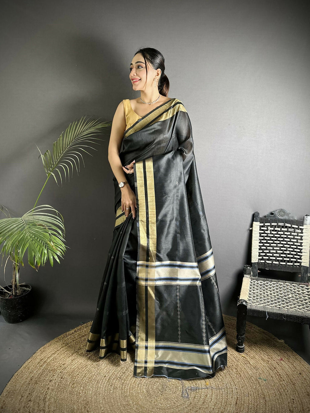 Joban Fashion Black Woven Pattern Raw Silk Kanjivaram Silk Saree | Grocsy