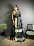 Joban Fashion Black Woven Pattern Raw Silk Kanjivaram Silk Saree | Grocsy
