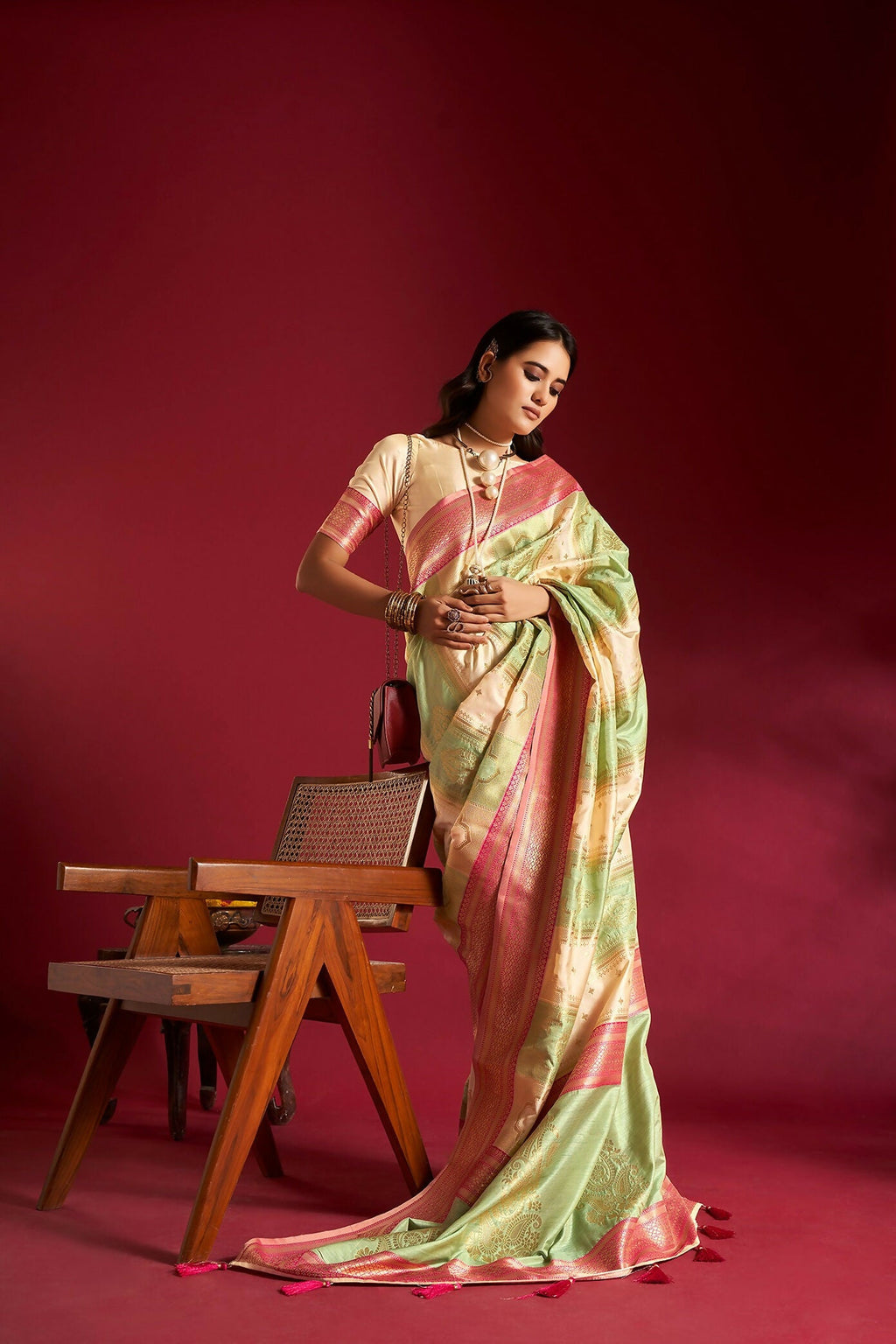 Joban Fashion Cream & Sea Green Plain With Weaving Border Banarasi Silk Sarees | Grocsy