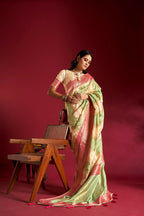 Joban Fashion Cream & Sea Green Plain With Weaving Border Banarasi Silk Sarees | Grocsy