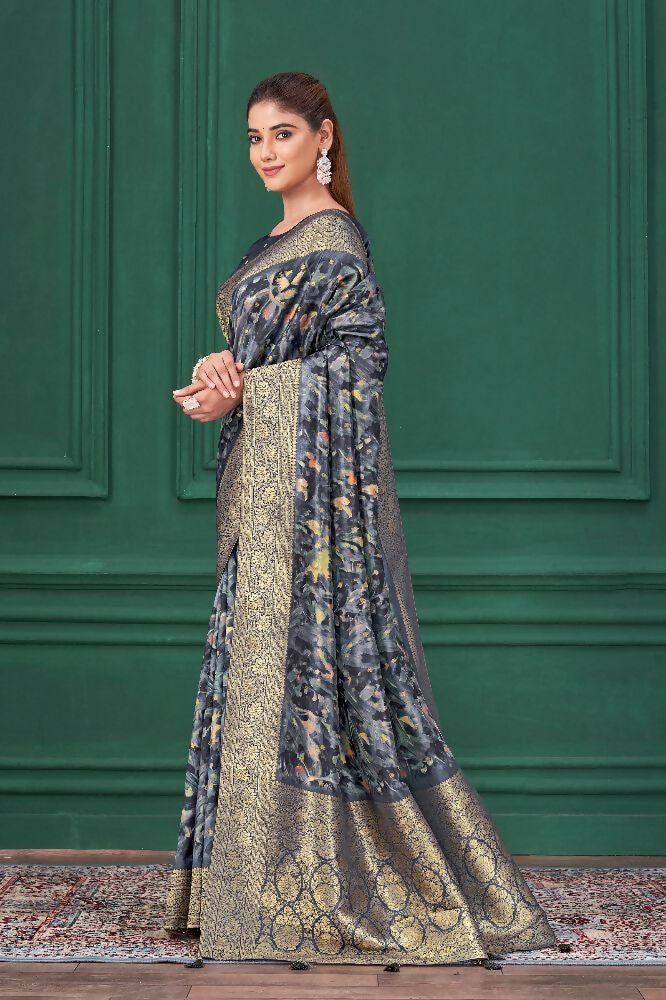 Blue Tussar Silk Jacquard Abstract Digital Print Saree with Unstitched Blouse - Mohira | Grocsy