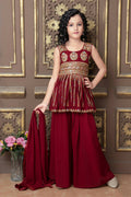 Kids Wedding Designer Maroon Faux Georgette Sharara Suit - Aaradhna | Grocsy