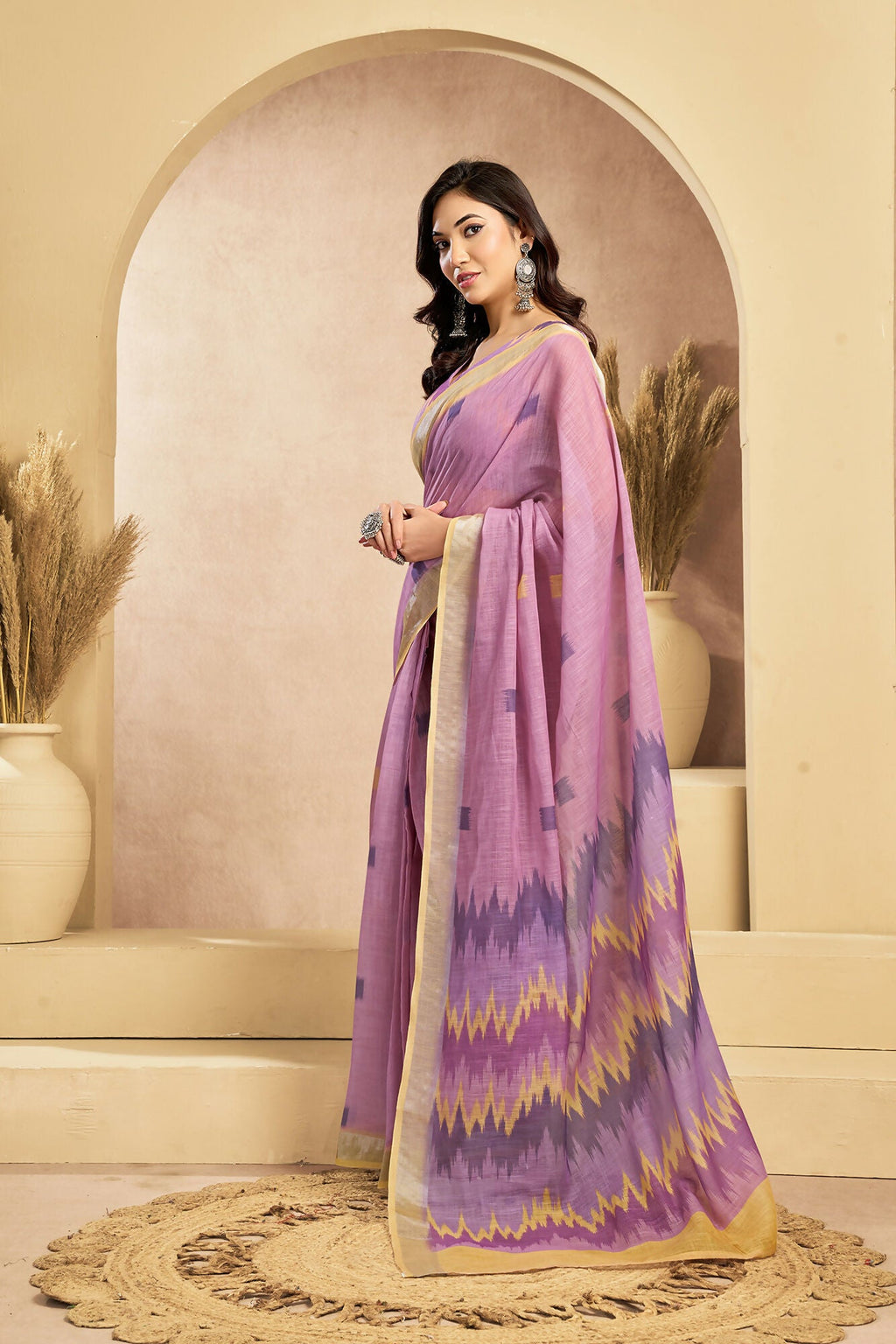 Vastranavya Onion Pink Digital Printed Linen Ready To Wear Pocket Saree with Unstitched Blouse | Grocsy