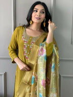 The52 Mustard Gorgeous Embroidered Viscose Chanderi Fabric Straight Kurta Pant with Dupatta Set | Grocsy