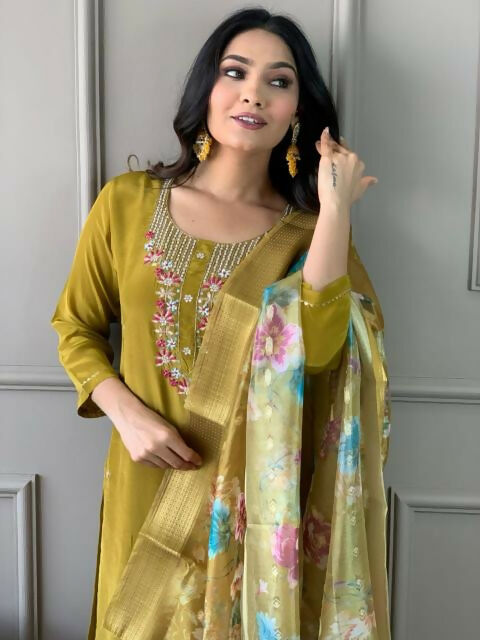 The52 Mustard Gorgeous Embroidered Viscose Chanderi Fabric Straight Kurta Pant with Dupatta Set | Grocsy