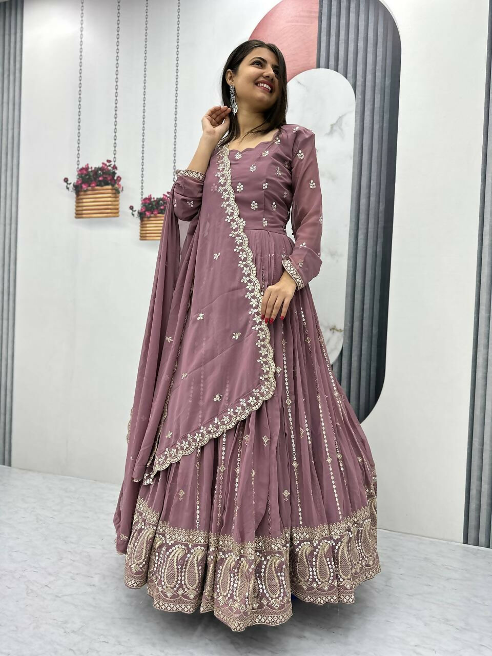 Teeya Creation Womens New Heavy Fox Georgette Fabric With Heavy Embroidery Work Gown Set | Grocsy