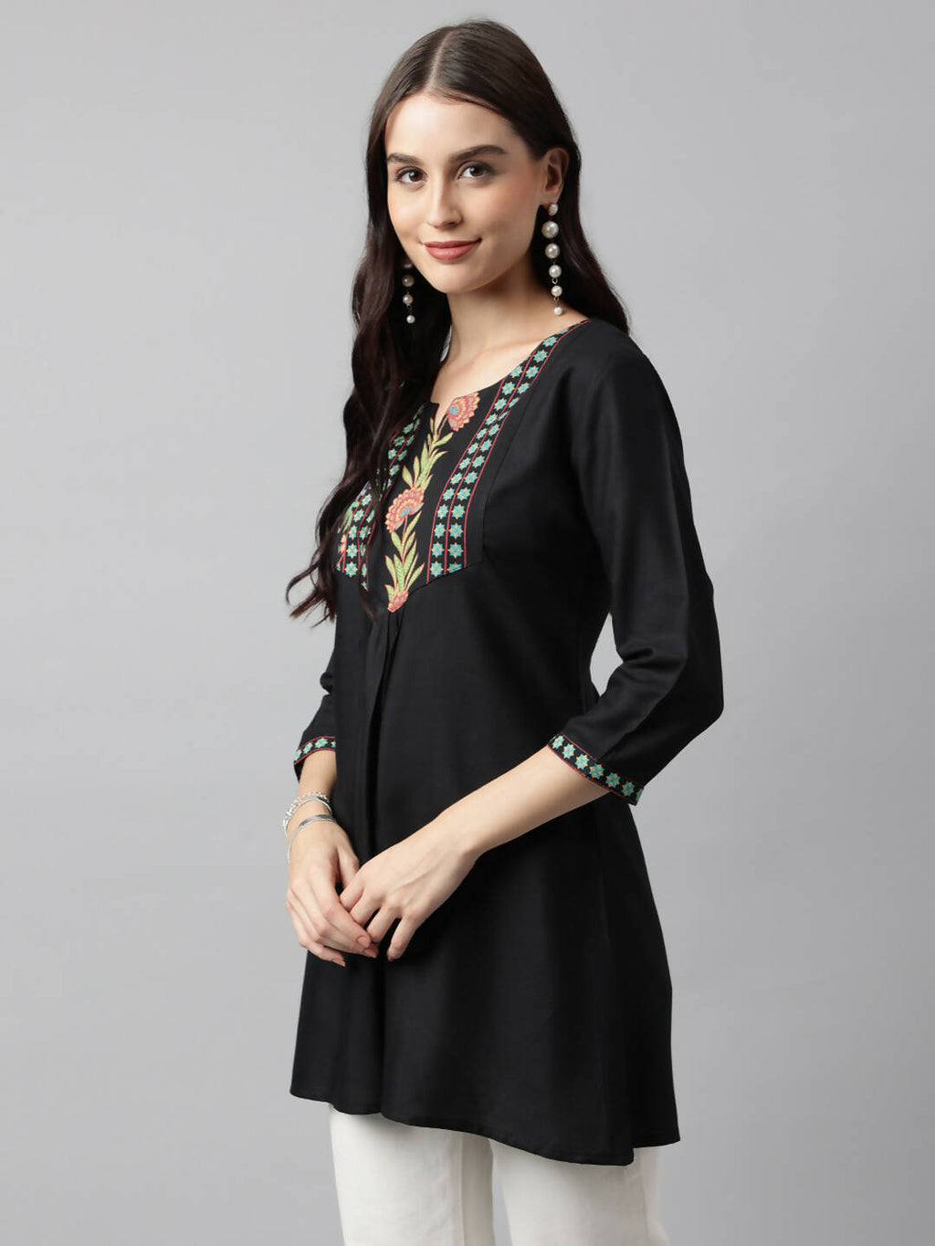 Black Poly Cotton Yoke Printed A-line Top - Bosky | Grocsy