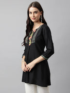 Black Poly Cotton Yoke Printed A-line Top - Bosky | Grocsy