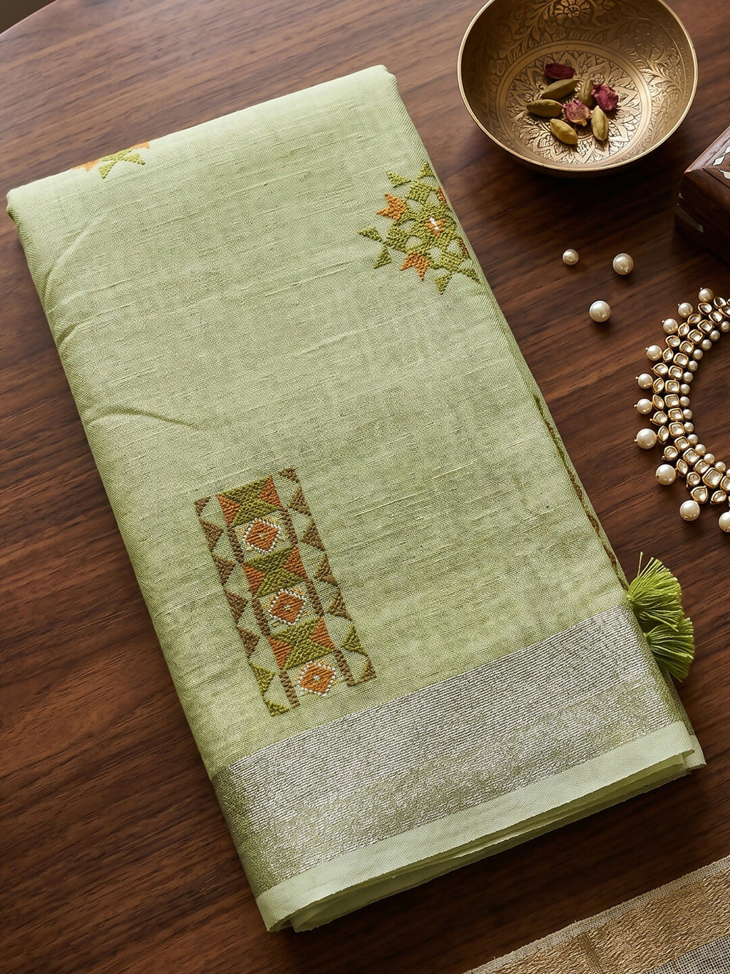 Shree Shyam Fashion Pista Green Linen Saree | Grocsy