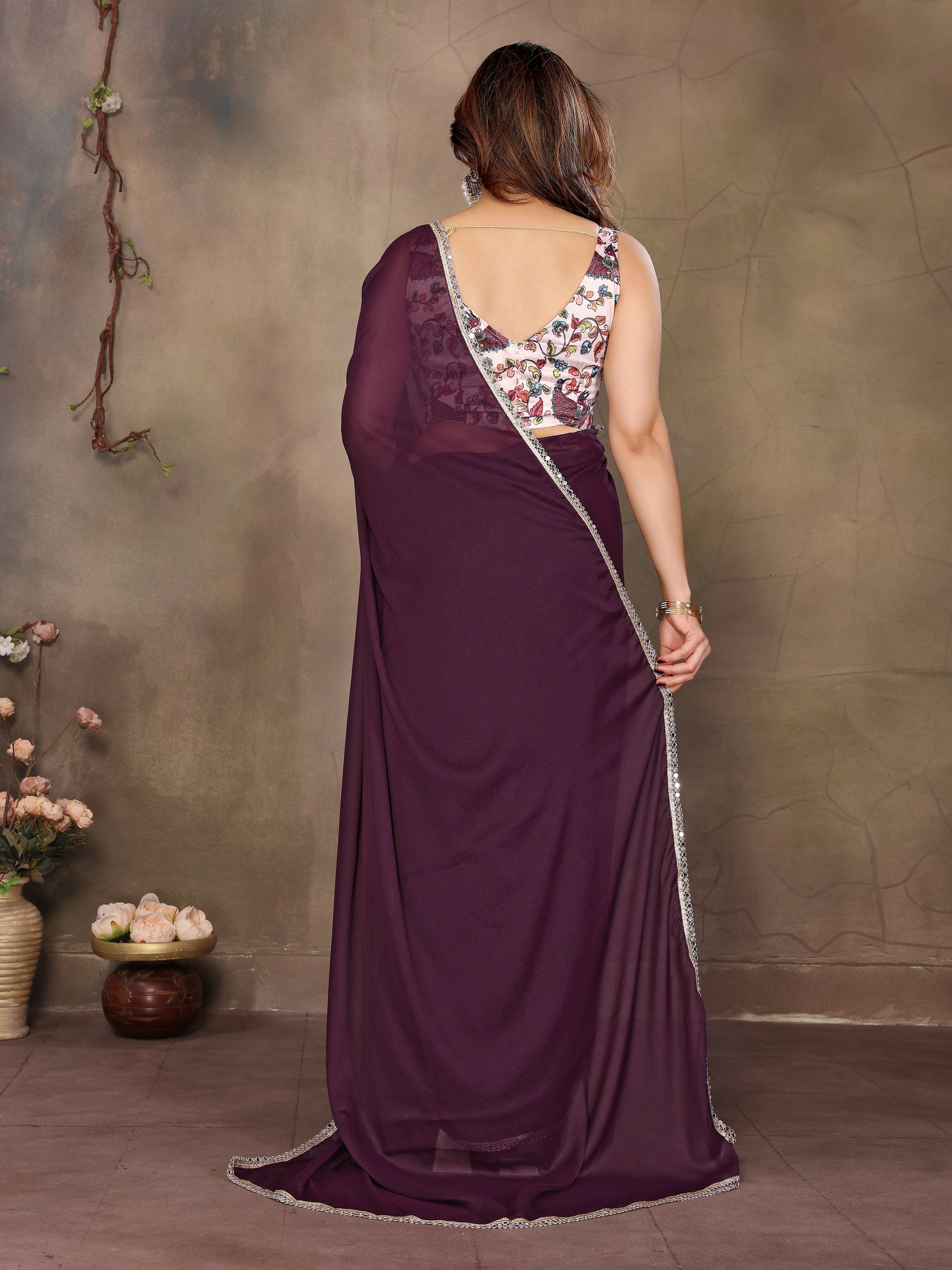 Partywear traditional Georgette Wine Fancy Saree - Anbazaar | Grocsy