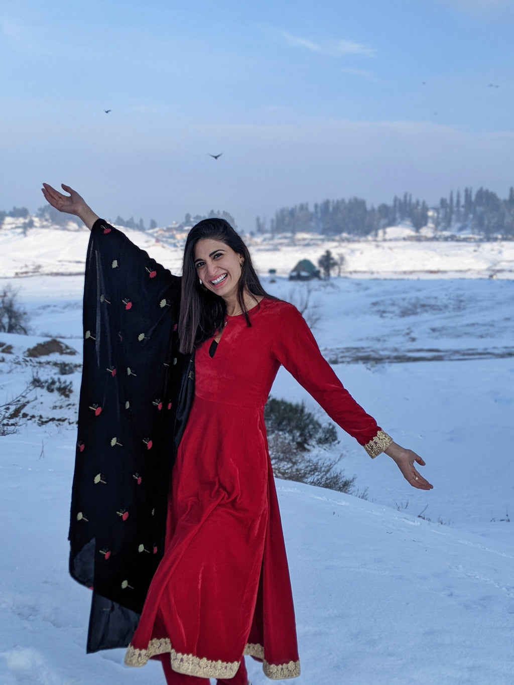 trueBrowns Red Velvet Flared Lace Kurta | Grocsy