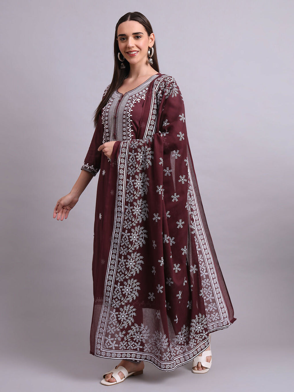 Joban Fashion Brown Cotton & Embroidery Work Kurta With Trousers & Dupatta Set | Grocsy