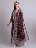 Joban Fashion Brown Cotton & Embroidery Work Kurta With Trousers & Dupatta Set | Grocsy