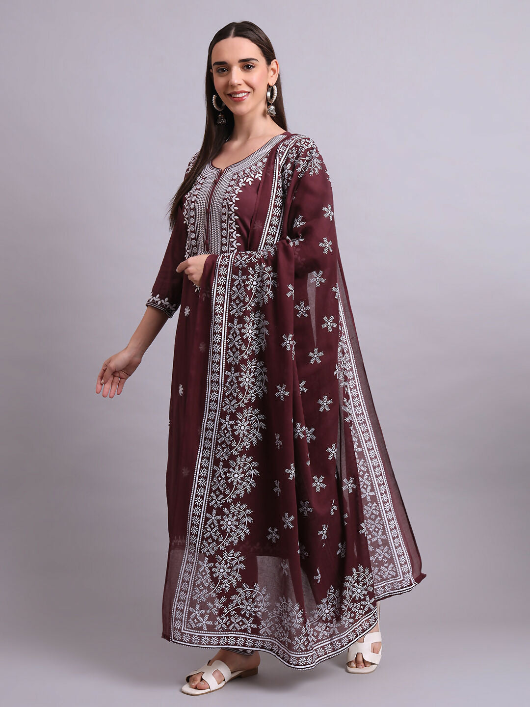 Joban Fashion Brown Cotton & Embroidery Work Kurta With Trousers & Dupatta Set | Grocsy
