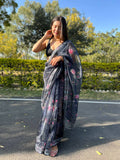 Vamsee Navy Blue Organza Saree | Grocsy
