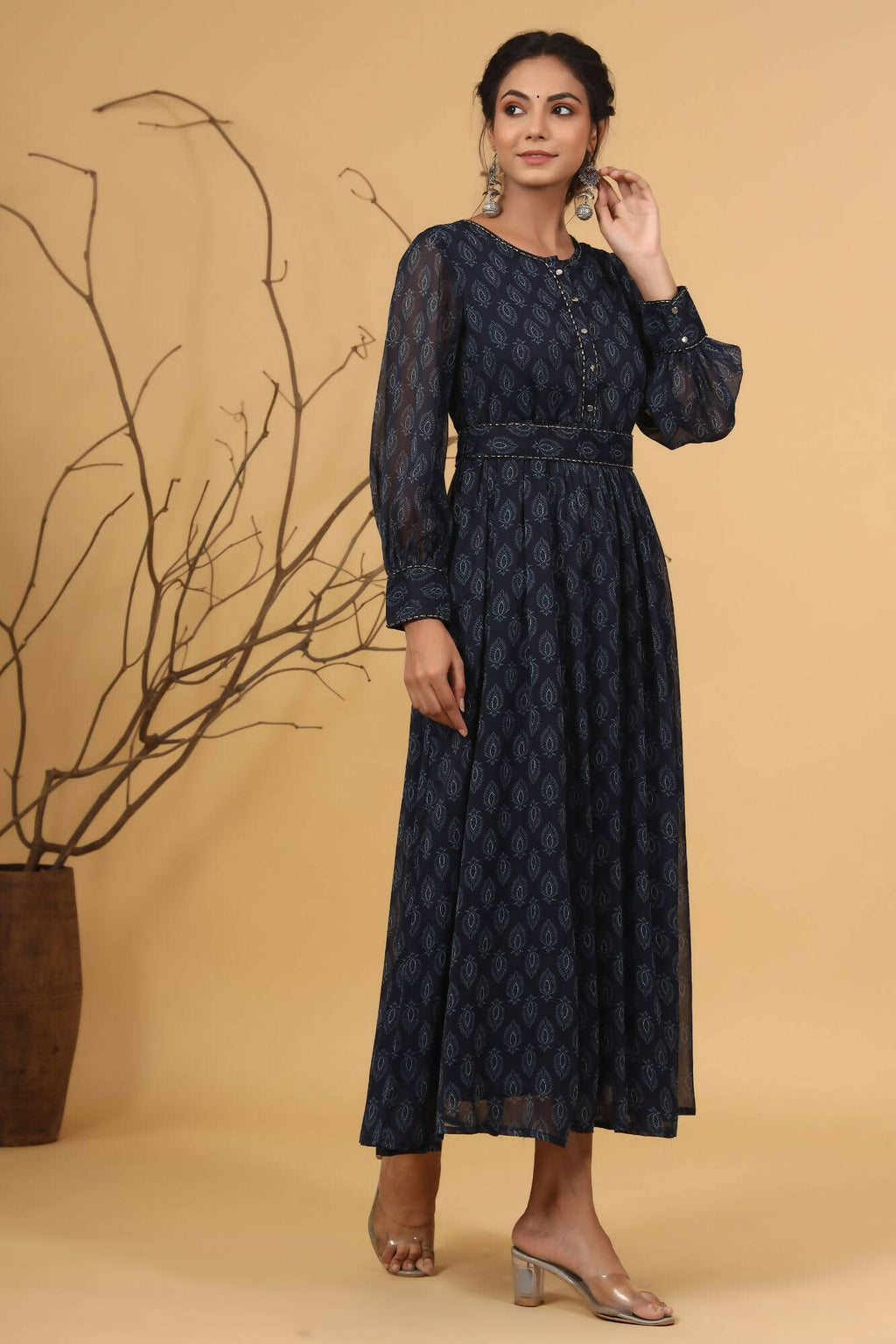 Juniper Women Navy Chiffon Printed Flared Dress | Grocsy