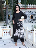 Miravan Women's Black Floral Printed Straight Kurta with Palazzo | Grocsy