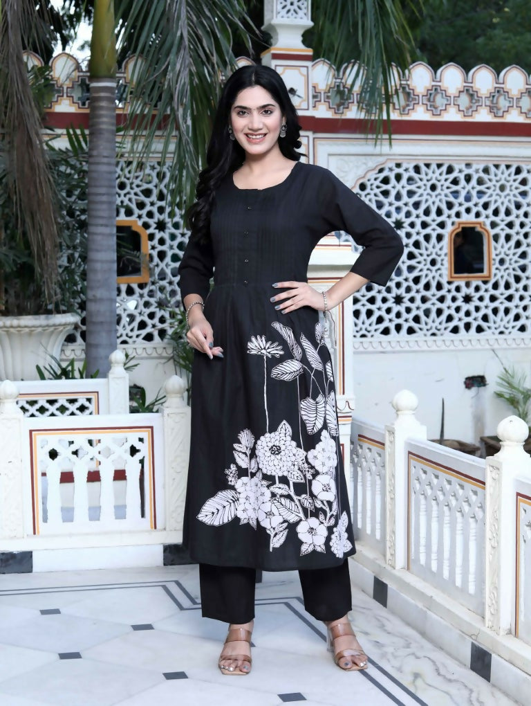 Miravan Women's Black Floral Printed Straight Kurta with Palazzo | Grocsy