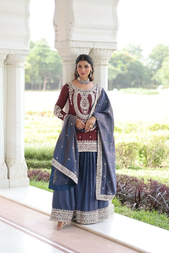 Joban Fashion Maroon Kurta Set Silk Sequins , Zari, Coding & Thread Embroidered work | Grocsy