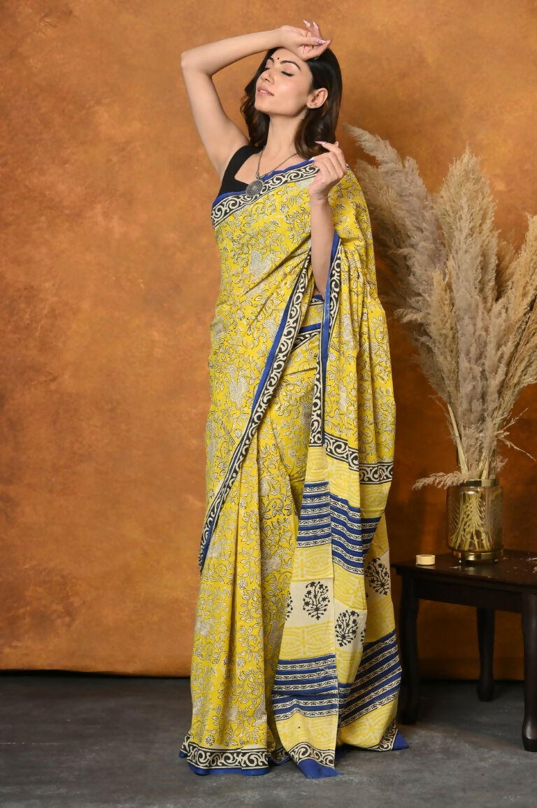 Very Much Indian Handblock Printed Cotton Saree With Natural Dyes - Green | Grocsy