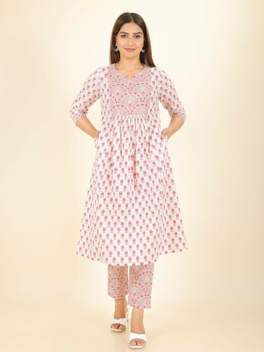 Aramya White Soft Cotton Floral Print Panelled Kurta Set for Women | Grocsy