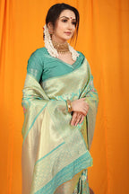 Jyoti Fashion Women's Sea Green Kanjivaram Silk Zari Woven Saree with Blouse | Grocsy