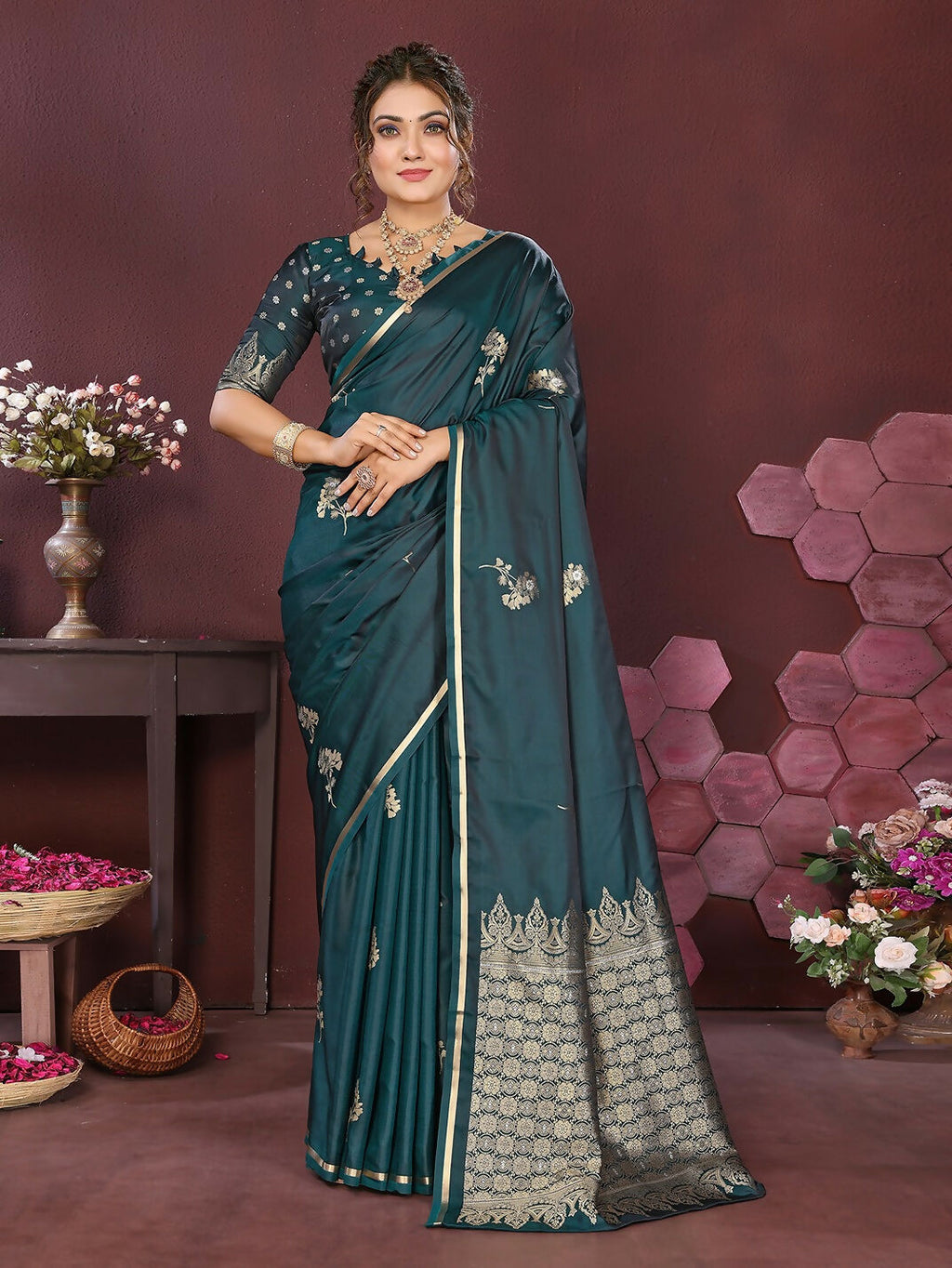 Joban Fashion Teal Floral Banarasi Silk Sarees | Grocsy