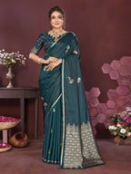 Joban Fashion Teal Floral Banarasi Silk Sarees | Grocsy