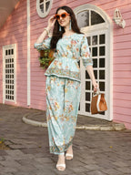 Aqua Blue Rayon Paisley & Floral Printed Top with Matching Bottom - Eesha | Grocsy