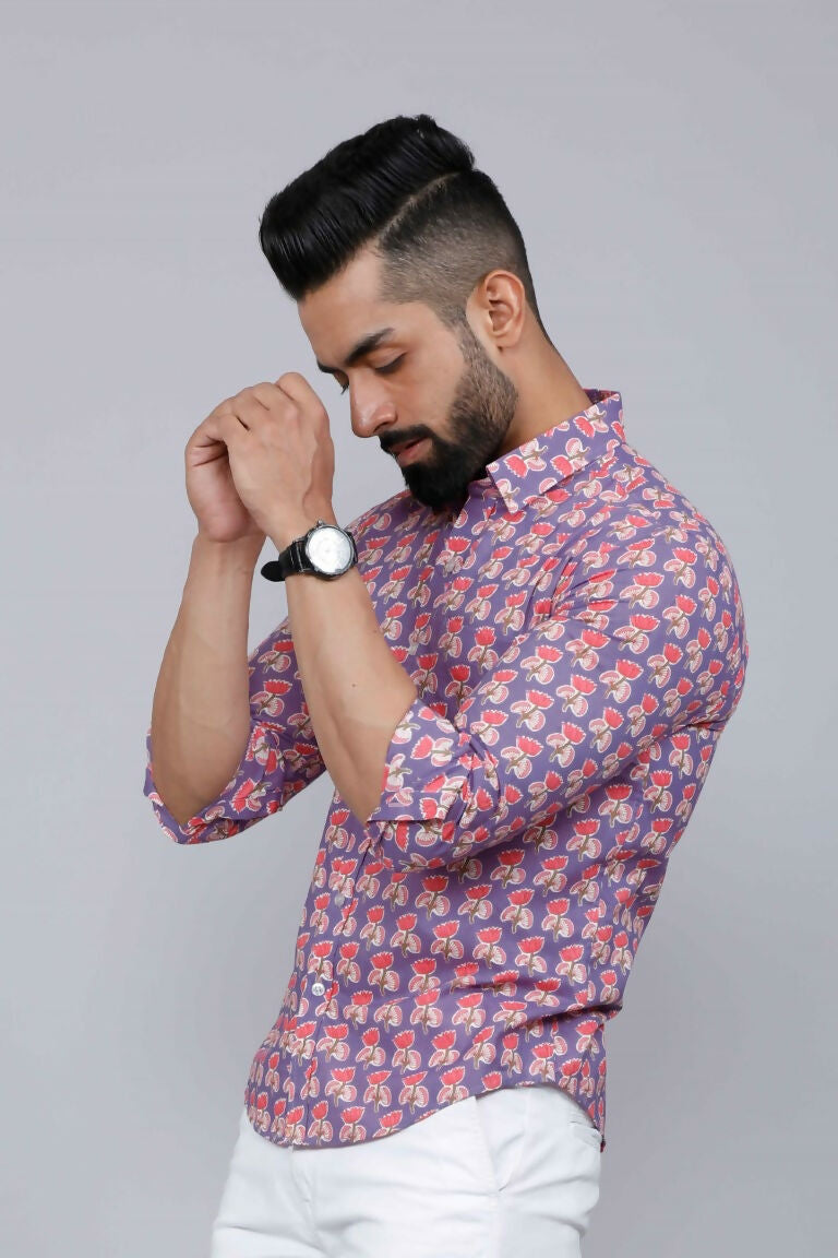 Miravan Men's Purple Floral Design Stylish Casual Cotton Shirt | Grocsy