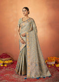 Blue Tusser Satin Silk Woven Design Saree With Unstitched Blouse Piece - Norita Royal Pradha | Grocsy