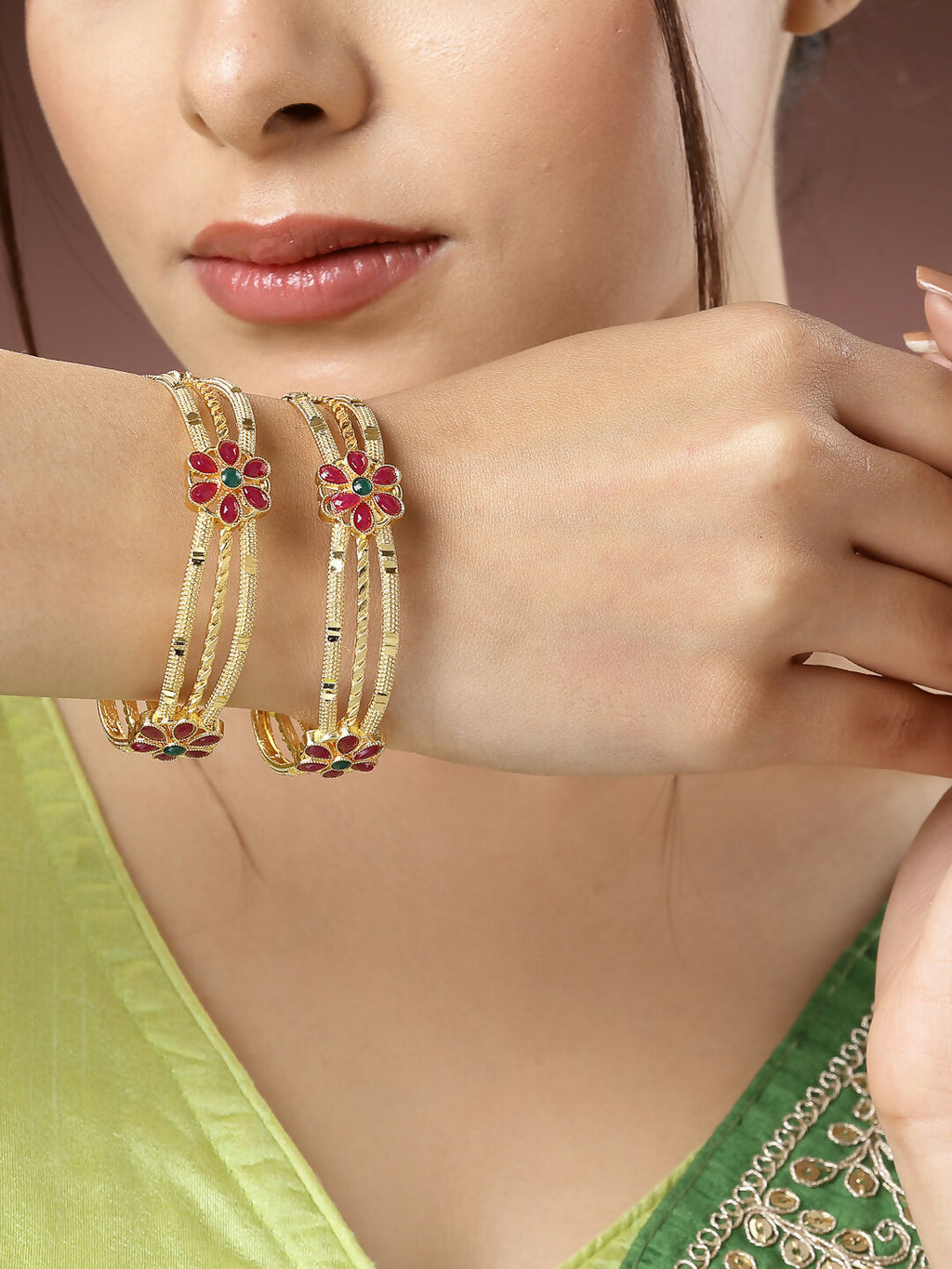 NVR Women's Set of 2 Gold-Polished Artificial Stones Handcrafted Traditional Bangles | Grocsy