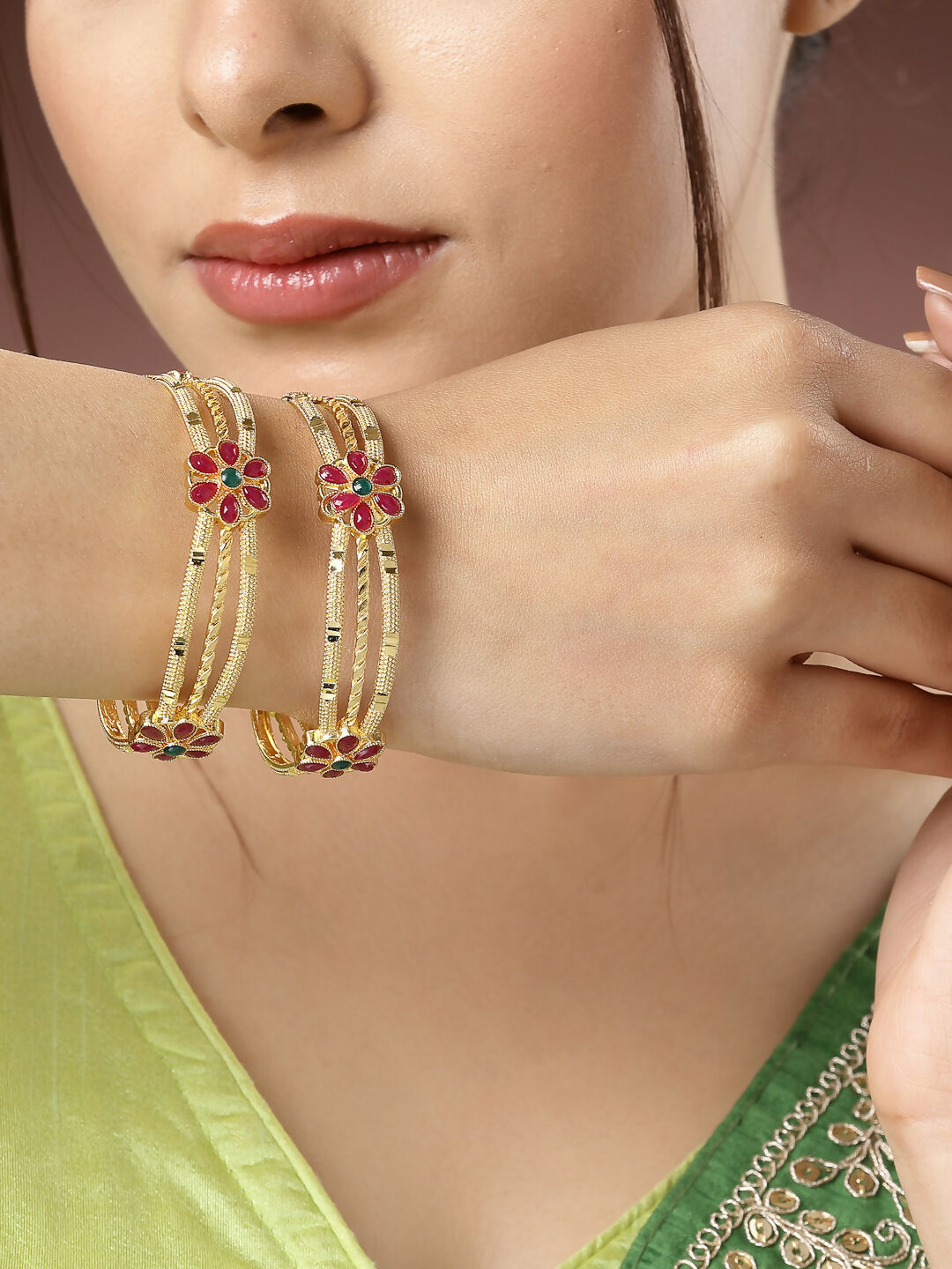 NVR Women's Set of 2 Gold-Polished Artificial Stones Handcrafted Traditional Bangles | Grocsy