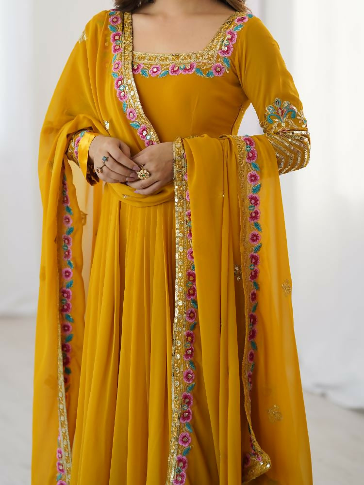 Joban Fashion Mustard Georgette Sequence Embroidery Work Readymade Kurta Set | Grocsy
