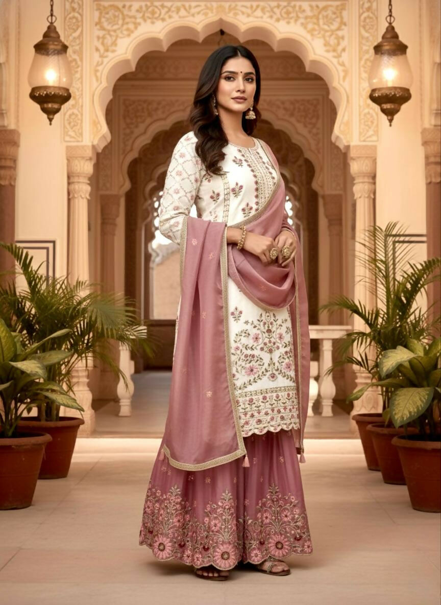 Teeya Creation Multi Color Pure Silk Gimmy Silk Heavy Embroidery Work Wedding Wear Palazzo Pair | Grocsy
