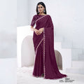 Wine Crepe Satin Silk Dual Sequence With Moti Work Saree With Unstitched Blouse - Norita Swaraa | Grocsy