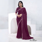 Wine Crepe Satin Silk Dual Sequence With Moti Work Saree With Unstitched Blouse - Norita Swaraa | Grocsy