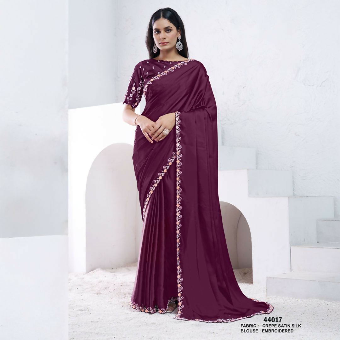 Wine Crepe Satin Silk Dual Sequence With Moti Work Saree With Unstitched Blouse - Norita Swaraa | Grocsy