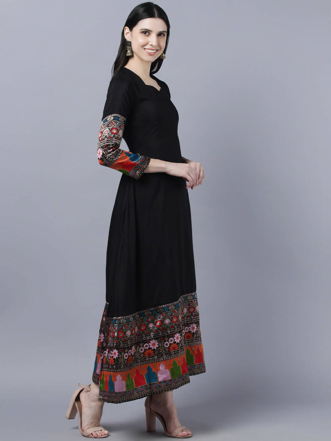 Myshka Women Black Embroidered Detail Anarkali Kurta With Dupatta | Grocsy