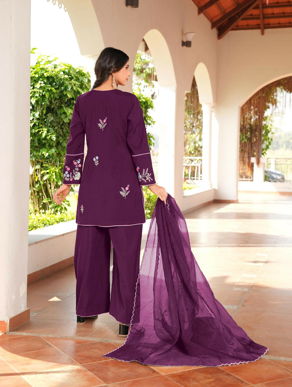 Nikhaar Magenta Embroidered Art Silk Stitched Straight Cut Kurta Culottes Dupatta Readymade Suit | Grocsy