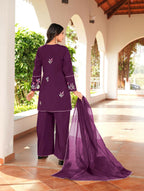 Nikhaar Magenta Embroidered Art Silk Stitched Straight Cut Kurta Culottes Dupatta Readymade Suit | Grocsy